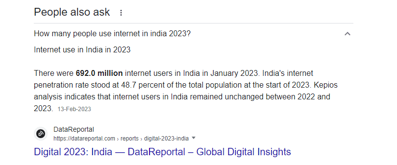 Google search result of internet users of India in 2023