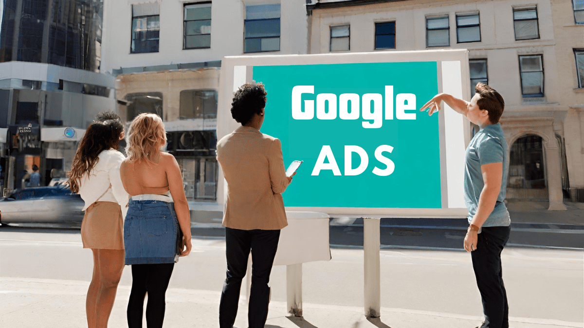 A crowd watches a video ad on a digital display. This is Google Ads for brand awareness