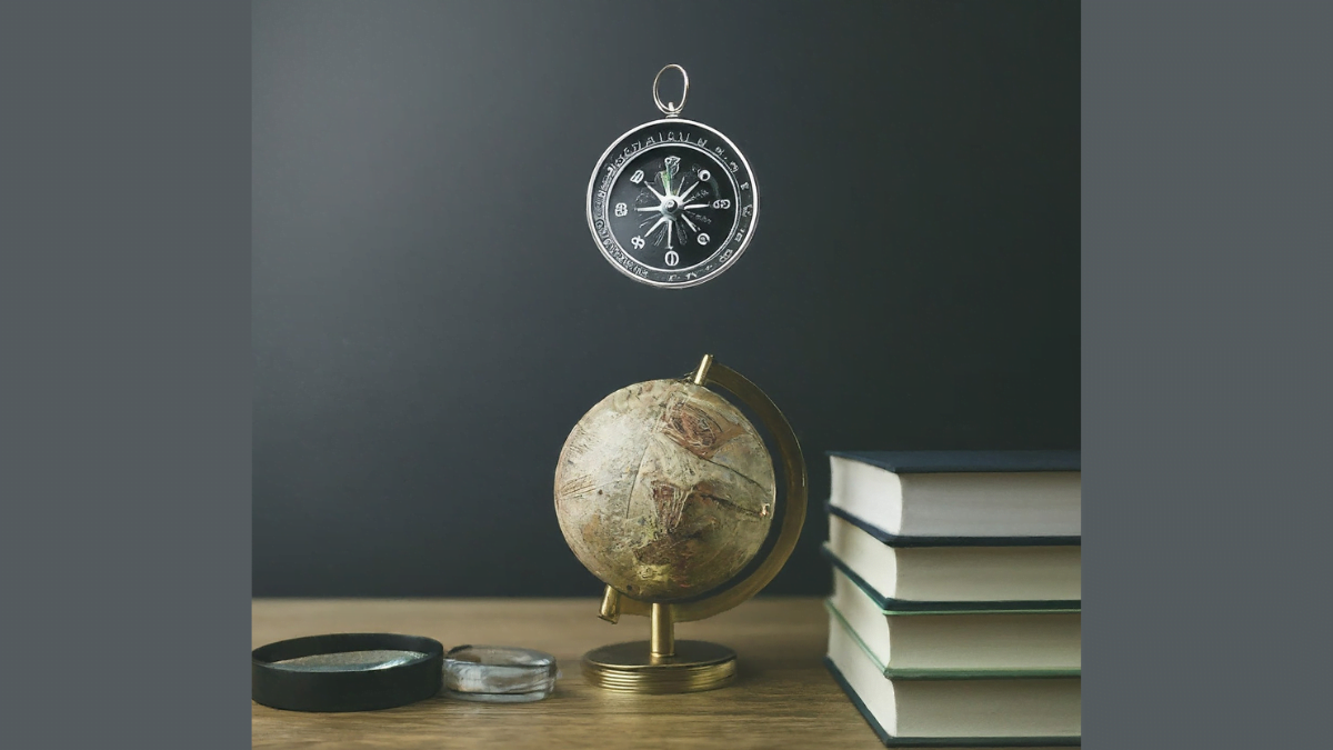 A compass floating above a globe, magnifying glass, and stack of books. The compass points to the word "SEO" on the globe.