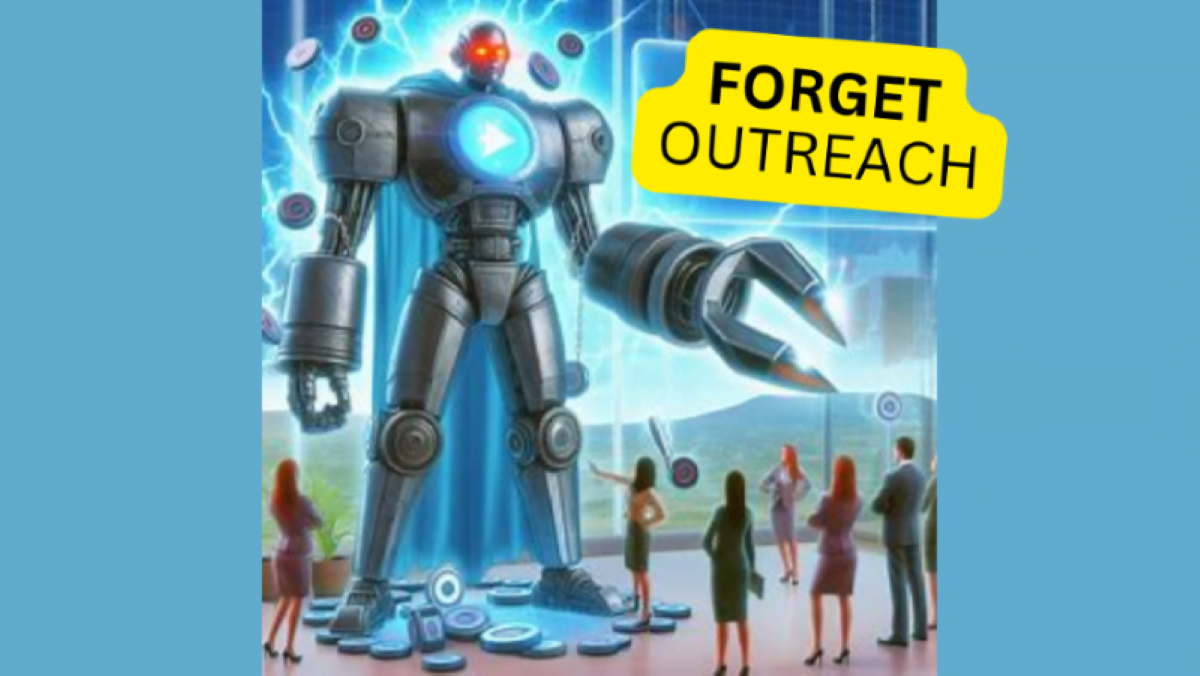 A digital illustration of a large robot with a red glowing eye and chest piece, surrounded by lightning bolts, standing in front of a group of people with one person pointing at it. A speech bubble from the robot contains the text “FORGET OUTREACH”