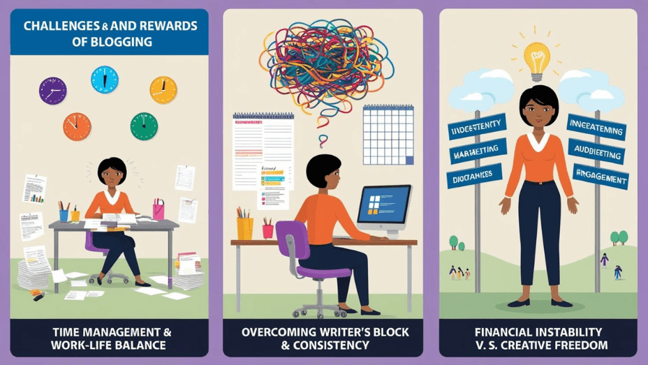 This image depicts a graphic summarizing the challenges and rewards of blogging. The title "CHALLENGES & REWARDS OF BLOGGING" is at the top. Below, the left side lists challenges: "TIME MANAGEMENT & WORK-LIFE BALANCE," "OVERCOMING WRITER'S BLOCK & CONSISTENCY," and "FINANCIAL INSTABILITY." The right side lists rewards: "CREATIVE FREEDOM." Underneath, there are icons and labels representing additional aspects of blogging: "ENGAGEMENT," "MARKETING," "BLOGGERS," "IDENTITY," and "NETWORKING." The image includes simple line drawings of a person, a lightbulb, a speech bubble, a megaphone, and interconnected people.