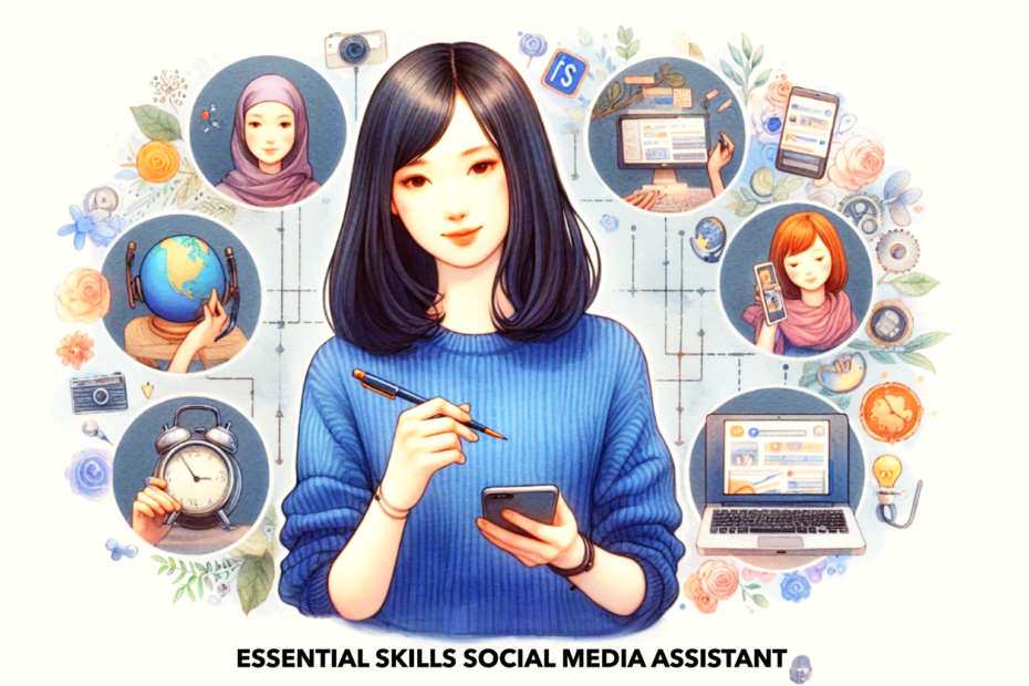 Illustration of a remote social media assistant working on a laptop, surrounded by icons representing key skills.