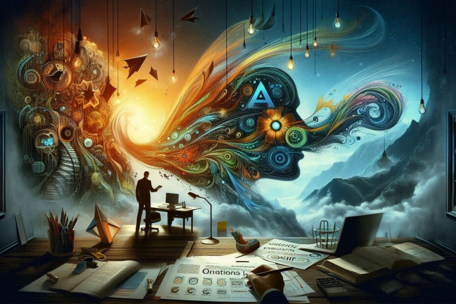 A surreal image blending creativity and technology. A man stands in a room, contemplating a swirling, colorful flow of abstract shapes, gears, and lights emerging from a workspace. Papers, pens, and books cover a desk, symbolizing the fusion of ideas and innovation. Outside, the background transitions into a misty, mountainous landscape, creating a contrast between imagination and reality.