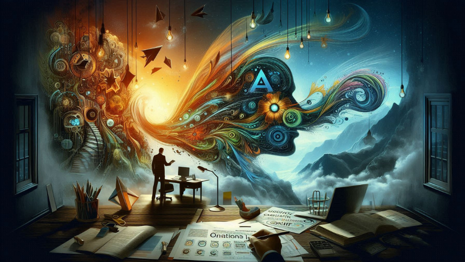 A surreal image blending creativity and technology. A man stands in a room, contemplating a swirling, colorful flow of abstract shapes, gears, and lights emerging from a workspace. Papers, pens, and books cover a desk, symbolizing the fusion of ideas and innovation. Outside, the background transitions into a misty, mountainous landscape, creating a contrast between imagination and reality.