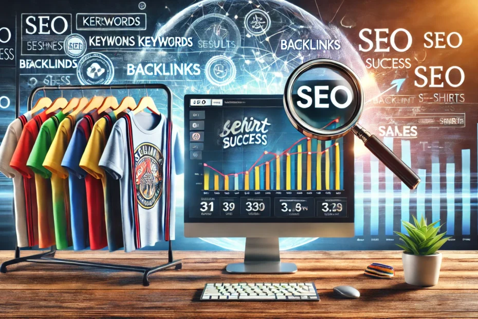 a desktop screen with search engine results and a rising sales graph, next to a rack of colorful t-shirts with unique designs, symbolizing SEO success for a t-shirt business.