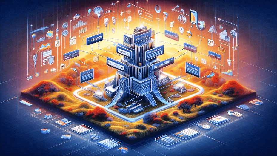 3D illustration of a multi-layered website structure with overlapping content boxes, labeled with keywords like 'Organic Traffic' and 'Reduced Authority,' symbolizing keyword cannibalization in SEO. Background includes SEO icons, graphs, and ranking symbols.