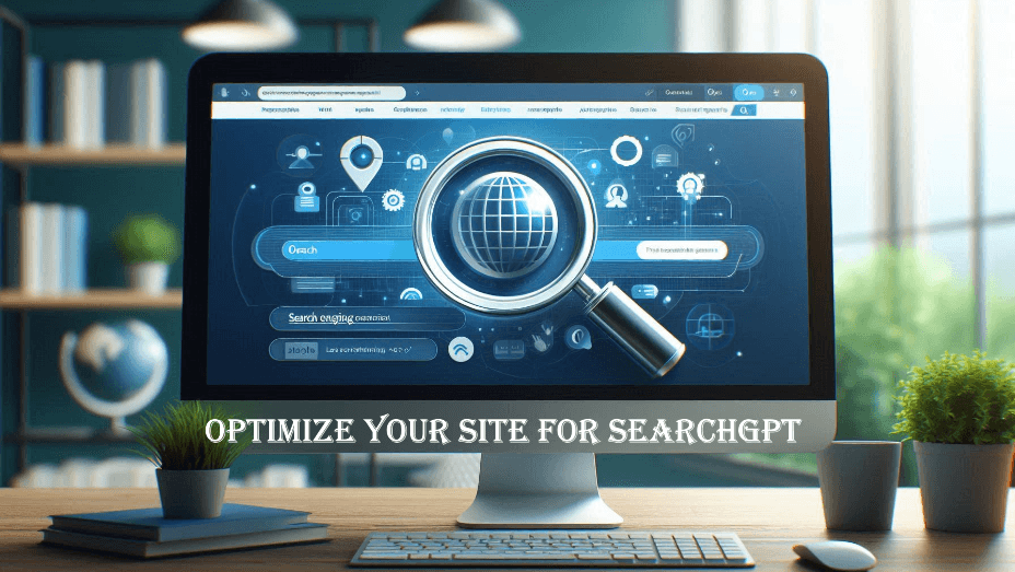 Computer monitor showing a search engine results page with a magnifying glass icon, and the text "Optimize Your Site for SearchGPT" displayed below.