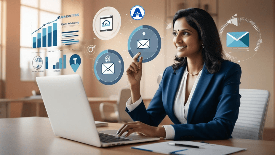 A businesswoman in a modern office, working on a laptop with digital marketing icons, graphs, and email symbols floating around her, representing solutions to business challenges.