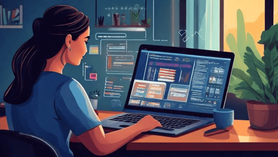 A woman working on a laptop, customizing a WordPress plugin interface with code and UI elements on the screen, in a cozy home office with a warm sunset view.