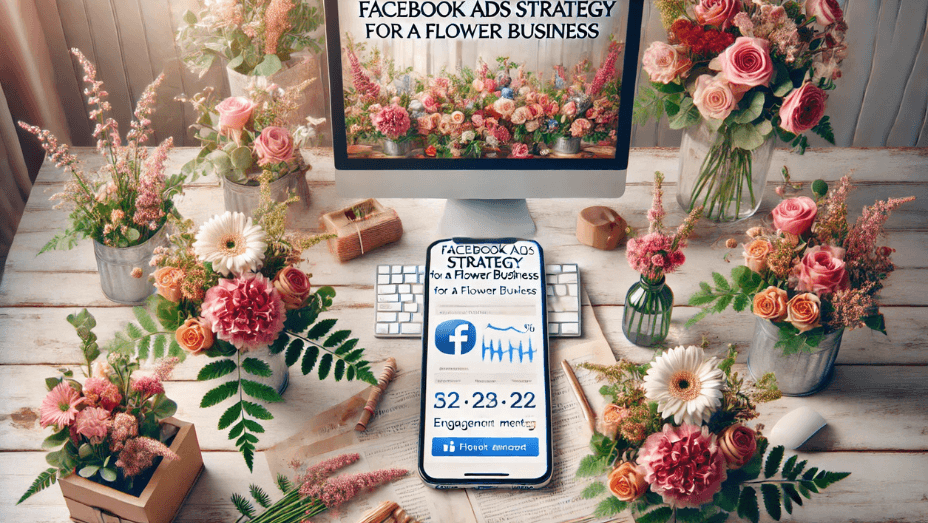 Facebook Ads strategy A vibrant flower shop with fresh bouquets in the foreground and a digital screen displaying a Facebook ad, symbolizing online marketing for a flower business.