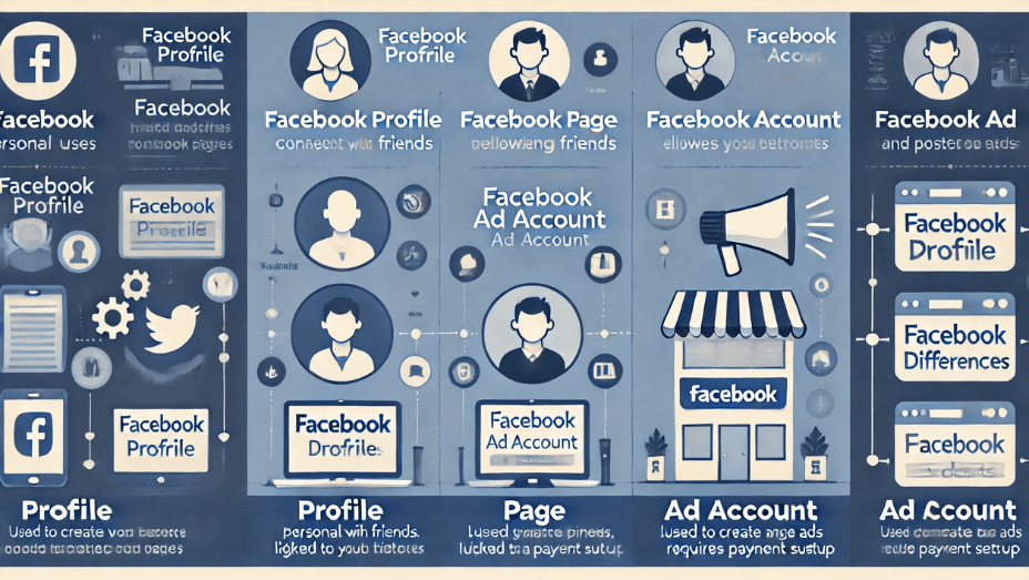 Infographic comparing Facebook Profiles, Pages, and Ads Accounts, highlighting their differences, functionalities, and role in Facebook advertising.
