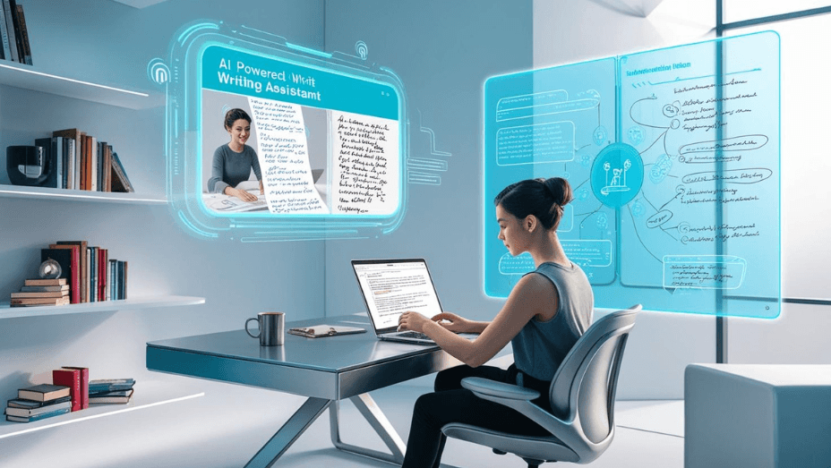 A young woman with dark hair in a ponytail sits at a modern desk working on a laptop. Holographic interfaces float around her, displaying an AI-powered writing assistant with a woman's image and text, and a mind map on a transparent screen.