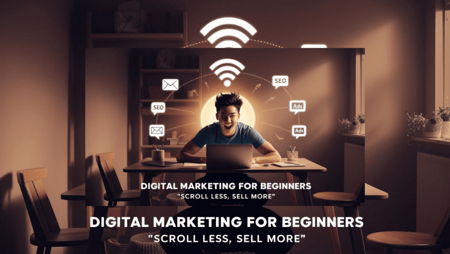 Young man excitedly using a laptop with digital marketing icons like SEO, email, and ads floating around, symbolizing digital success from home.