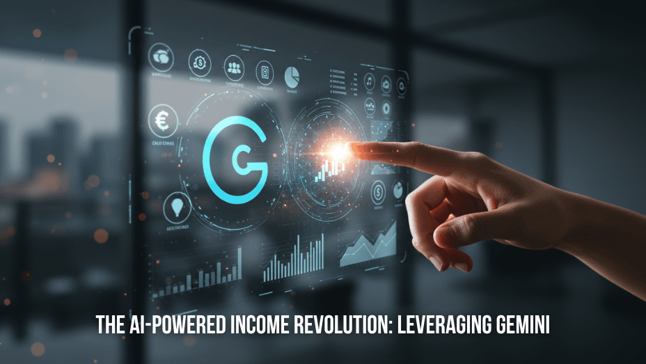 A hand touching a holographic interface displaying a large, glowing blue 'G' logo and an upward-trending financial graph with other digital icons, representing AI-powered income.
