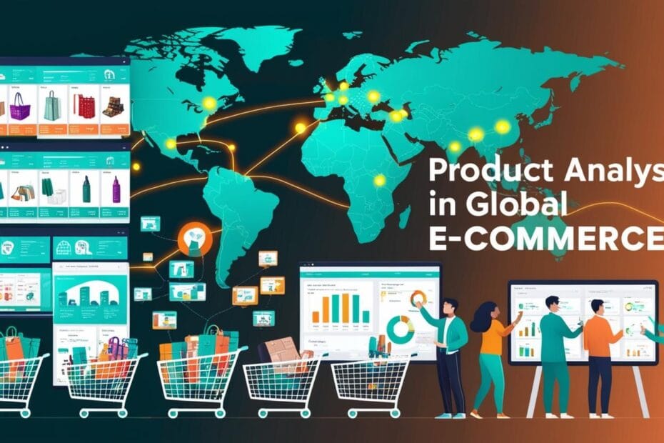 Illustration of global e-commerce with product analysis and key trends visualization