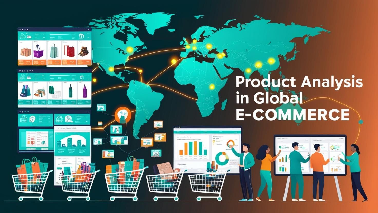Illustration of global e-commerce with product analysis and key trends visualization
