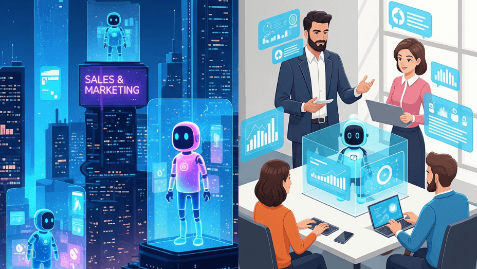 Futuristic cityscape split: AI utopia vs. human-AI collaboration.