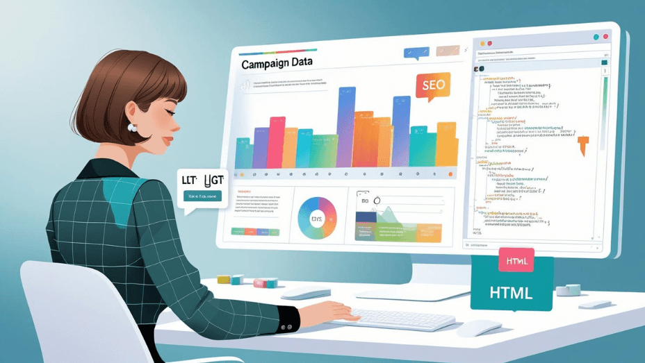 A female digital marketer analyzing campaign data and editing HTML code side by side on dual monitors, representing the intersection of marketing and web development.