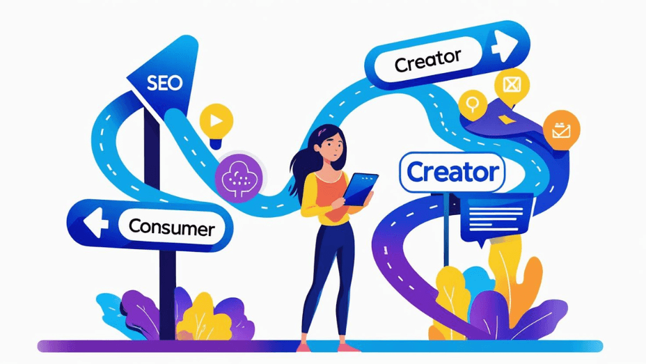A young woman stands at a digital crossroads with signs pointing to “Consumer” and “Creator,” symbolizing a digital marketing learning journey.