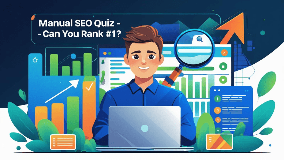 Person using laptop with SEO charts and graphs in the background, representing a manual SEO quiz challenge.