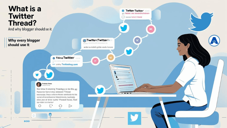 An illustration of a woman at a laptop with a thought bubble above her head showing interconnected Twitter (now X) posts, demonstrating a Twitter thread.