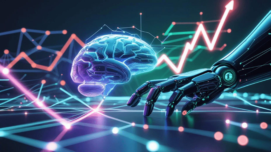 Futuristic AI brain and robotic hand interacting with a glowing SEO growth graph and digital network, symbolizing automated backlink building.