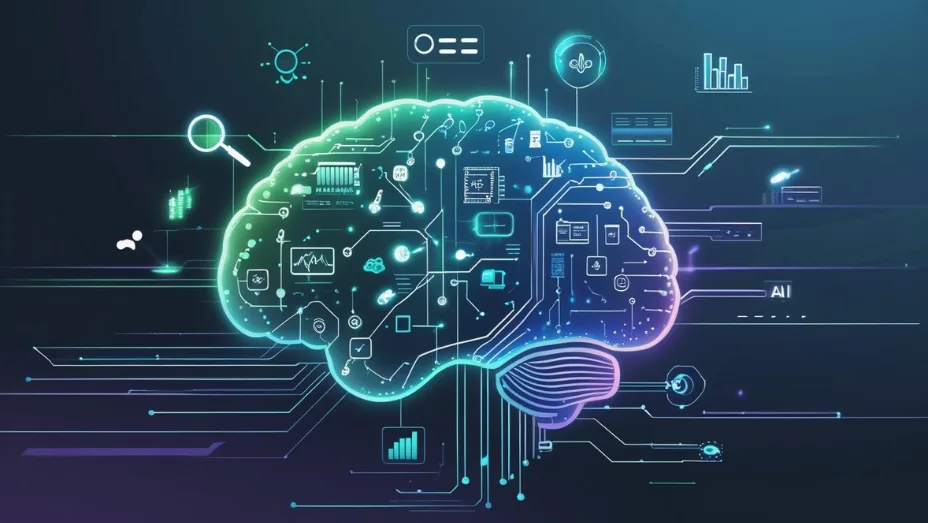 Stylized glowing brain with circuit board patterns and digital marketing icons, representing AI SEO Pro Tools.
