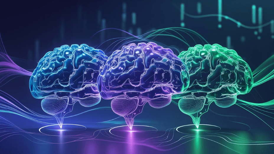 Abstract image of three interconnected glowing brain networks, symbolizing AI synergy and collaboration.
