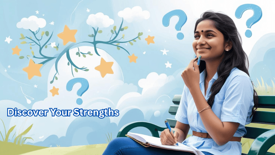 Indian female student smiling while writing in a notebook, surrounded by question marks and stars, representing career exploration and self-discovery.