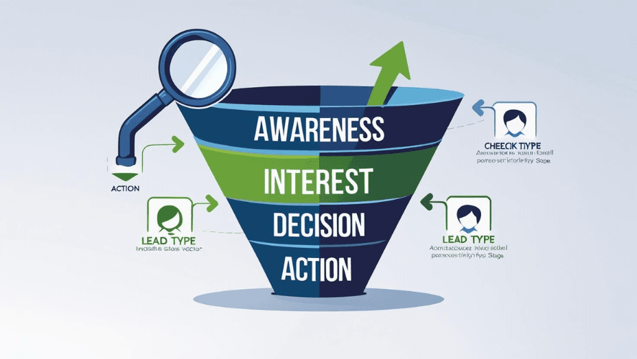 Sales funnel illustration showing Awareness, Interest, Decision, and Action stages, with a magnifying glass for lead qualification and arrows indicating flow.