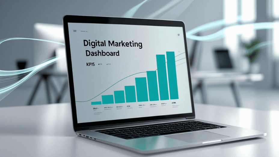 A laptop displaying a digital marketing dashboard with a graph showing increasing performance metrics.