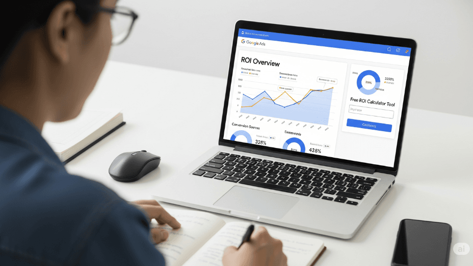 A person is looking at a laptop with a chart showing an ROI graph, a pie chart, and a form for a "Free ROI Calculator Tool" on the screen.