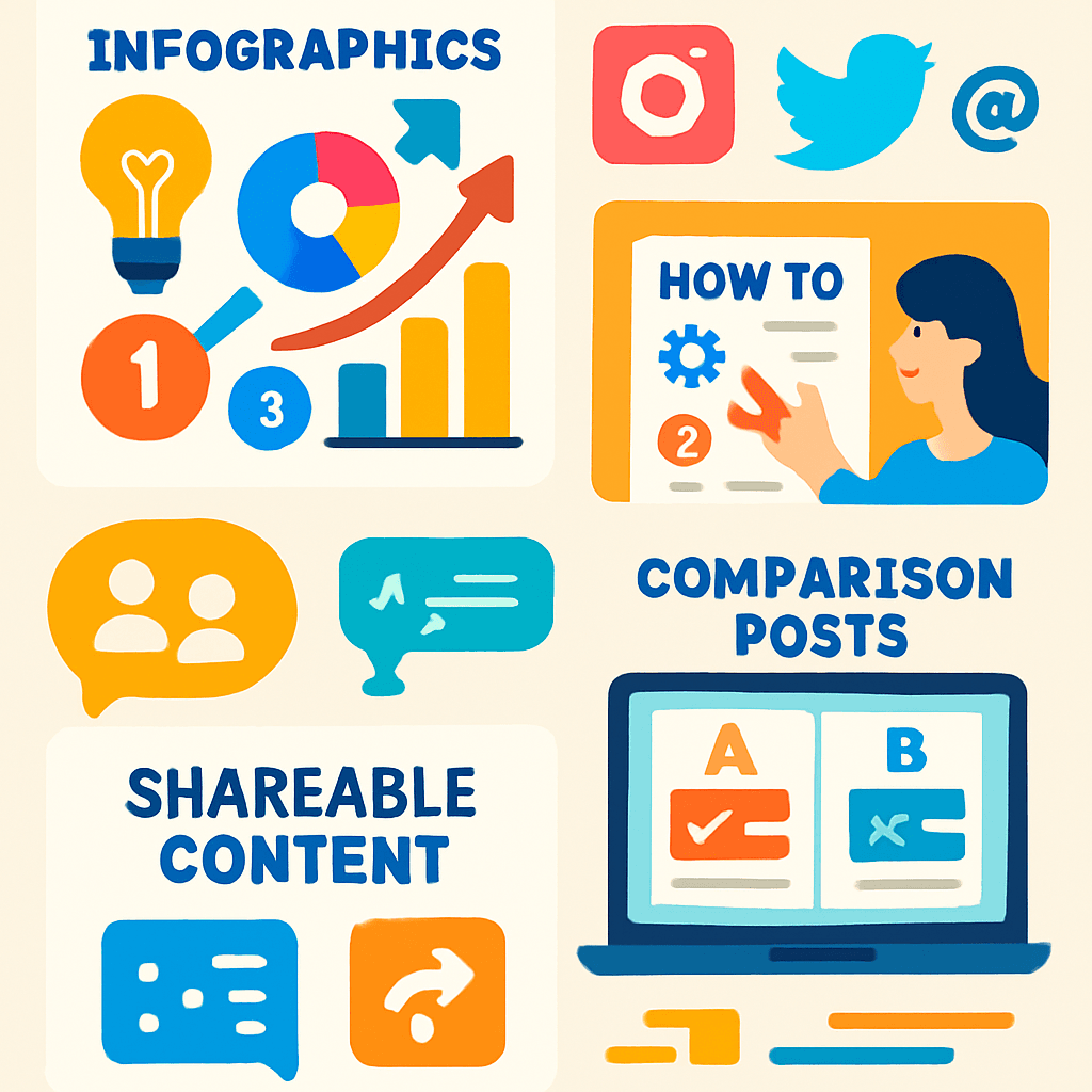 An infographic showing different types of shareable content. Top left section titled 'INFOGRAPHICS' with icons of a lightbulb, pie chart, bar graph, and numbers 1 and 3. Top right section shows social media icons (Instagram, Twitter, at symbol) and an illustration of a person explaining 'HOW TO' steps with a gear icon and number 2. Bottom left section titled 'SHAREABLE CONTENT' with speech bubble icons representing people talking and sharing, along with a chat bubble and a sharing arrow icon. Bottom right section titled 'COMPARISON POSTS' shows a laptop screen comparing 'A' with a checkmark and 'B' with an 'X'.