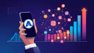 A smartphone connects to a network of social media icons over a rising bar graph.