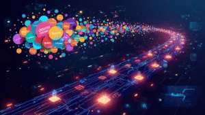 A digital illustration of a chaotic cluster of colorful, labeled bubbles transforming into an organized, glowing circuit board, symbolizing a shift from creative ideas to data-driven strategy.