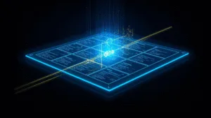 AI-powered Business Model Canvas with neon blue grid, showing digital light filling boxes from a central processing core.