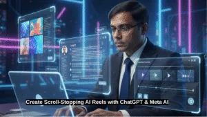 A digital marketer using a laptop surrounded by holographic AI screens showing ChatGPT chats, Meta AI visuals, and video editing panels, symbolizing the creation of scroll-stopping AI reels.