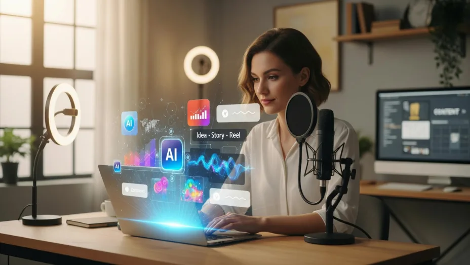 A digital creator working on a laptop surrounded by AI holograms and storytelling icons, using technology to create a reel with the concept “Idea – Story – Reel.”