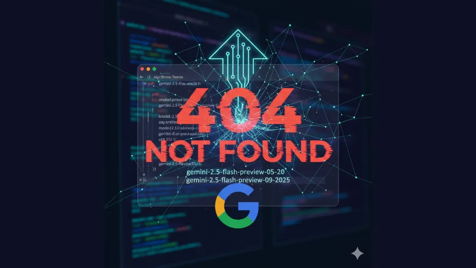 Technical graphic showing a large red "404 NOT FOUND" error overlaying a PHP code window, symbolizing a failed API call due to an expired Gemini model ID. Below the error, the outdated model gemini-2.5-flash-preview-05-20 is contrasted with the corrected model gemini-2.5-flash-preview-09-2025