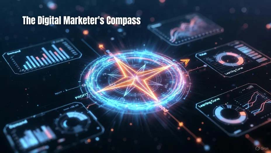 A stylized, glowing, neon-orange and blue compass rose hologram at the center of a dark digital dashboard, surrounded by four screens displaying complex charts and graphs labeled 'Demand,' 'Profit,' 'Value,' and 'Learning Curve.' The text overlay reads: 'The Digital Marketer's Compass.'