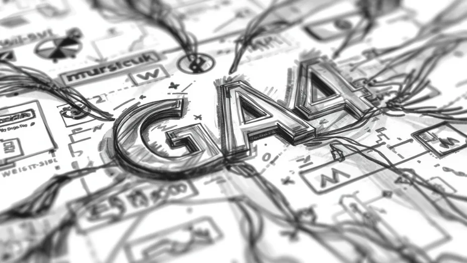 Close-up sketch of "GA4" in 3D-like hand-drawn letters, surrounded by connected technical diagrams, flow charts, and handwritten notes, symbolizing the complexity of setting up a Google Analytics 4 property.